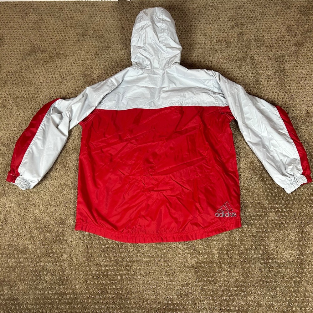 Adidas Windbreaker Jacket Boys Large Red White Colorblock Hooded Mesh Lined - Picture 5 of 6